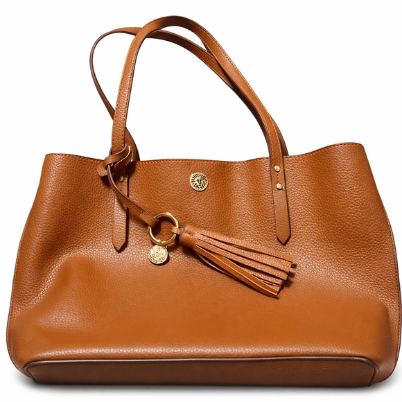 Anne Klein Handbags - 👜 Anne Klein Pebbled Leather Tote Bag • Tan / Cognac • Tassel Charm